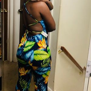 Tropical tie-up back pant jumpsuit